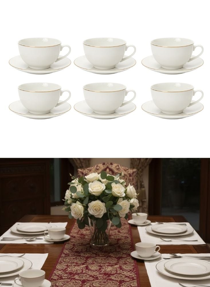 Premium White Porcelain Tea Cup & Saucer Set of 6 – Elegant Gold Rim Classic Design - Image 1